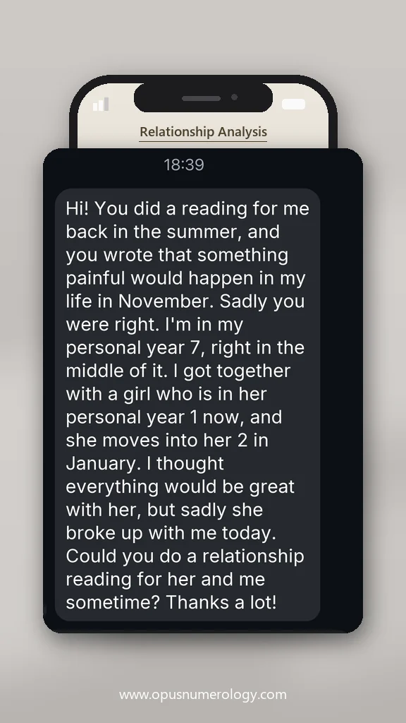 Client review of an Opus numerology reading (message screenshot) – 27 / 38
